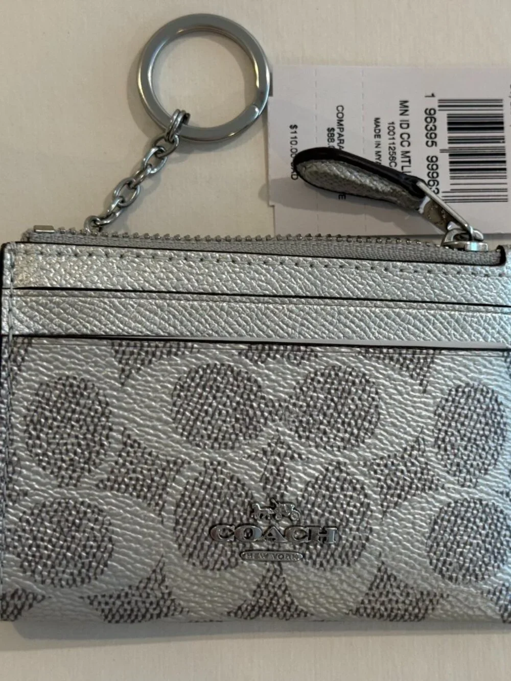 Coach Min/Skinny ID Case Card Holder Signature Canvas key chain/ Wallet Silver